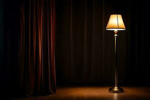 a lamp on a dark stage with a curtain. AI-Generated photo