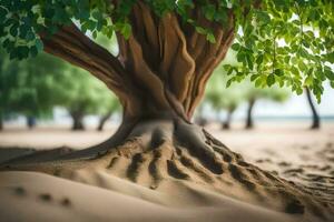 a tree with roots in the sand. AI-Generated photo