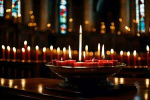 a candle is lit in a church with many candles. AI-Generated photo