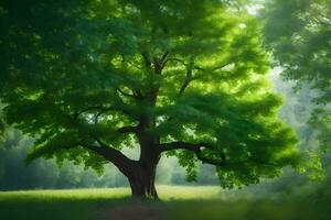 un grande árbol en el medio de un verde campo. generado por ai foto