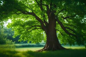 un grande árbol en el medio de un campo. generado por ai foto