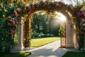 a beautiful archway with flowers and grass. AI-Generated photo