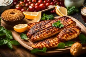 grilled fish on a wooden board with lemon slices and other ingredients. AI-Generated photo