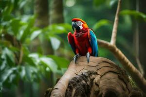 a red and blue parrot sitting on a tree branch. AI-Generated photo