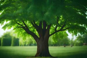 un árbol en un campo con césped y arboles generado por ai foto