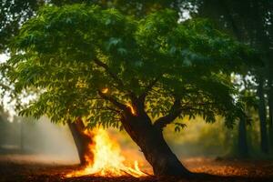 a tree with flames coming out of it in the forest. AI-Generated photo