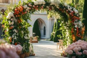 un Boda arco decorado con flores y verdor. generado por ai foto