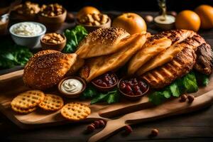 a platter of bread, cheese and nuts on a wooden table. AI-Generated photo