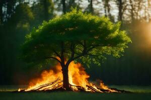 un árbol es ardiente en el medio de un campo. generado por ai foto
