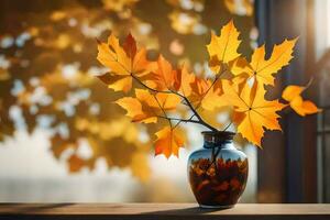 autumn leaves in a vase on a window sill. AI-Generated photo