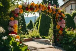 a flower archway in the garden of a house. AI-Generated photo