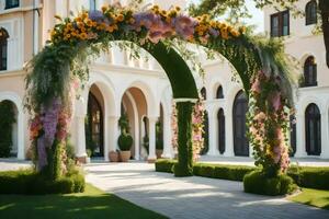 a wedding arch with flowers and greenery. AI-Generated photo