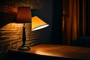 a lamp on a table in front of a brick wall. AI-Generated photo