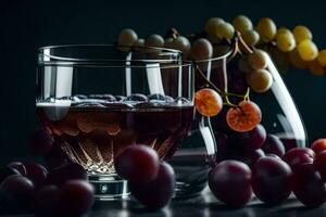 a glass of wine and grapes on a dark table. AI-Generated photo