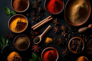 spices and herbs on a black background. AI-Generated photo