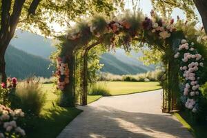 a wedding archway with flowers in the grass. AI-Generated photo