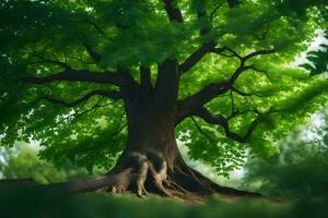 un grande árbol con raíces en el medio de un verde campo. generado por ai foto