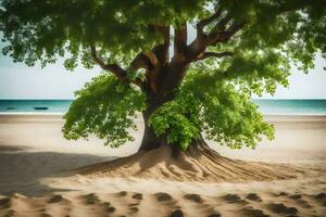 a tree on the beach with sand and water. AI-Generated photo