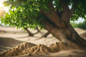 a tree in the desert with sand and trees. AI-Generated photo