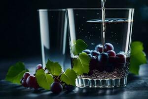 a glass of water with grapes and leaves. AI-Generated photo