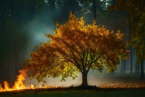 a tree is burning in the middle of a forest. AI-Generated photo