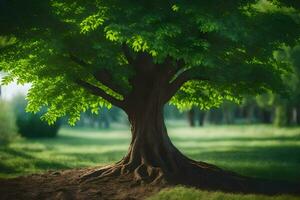 un árbol es mostrado en el medio de un campo. generado por ai foto