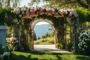 a wedding arch with pink flowers and white flowers. AI-Generated photo