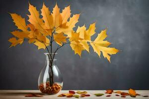 autumn leaves in a vase on a table. AI-Generated photo