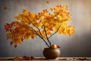 autumn leaves in a vase on a table. AI-Generated photo