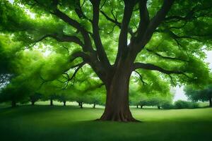 a painting of a large tree in a green field. AI-Generated photo