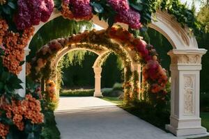 an archway with flowers and greenery. AI-Generated photo