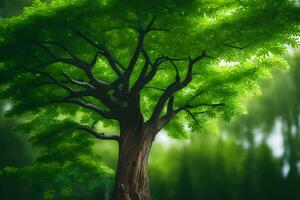 a tree is shown in a green forest. AI-Generated photo