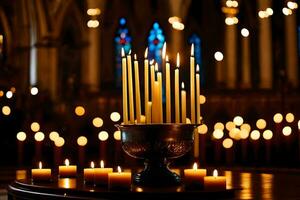 velas son iluminado en un Iglesia con velas en el antecedentes. generado por ai foto