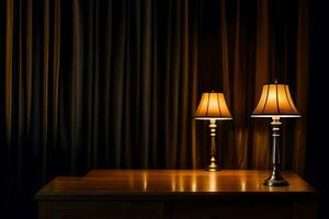 two lamps on a table in front of a curtain. AI-Generated photo