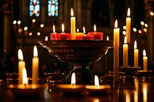 candles are lit in a church with candles in the background. AI-Generated photo