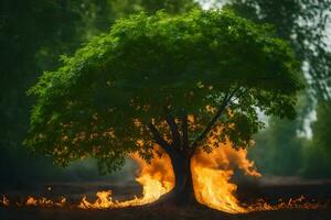 a tree with fire coming out of it. AI-Generated photo