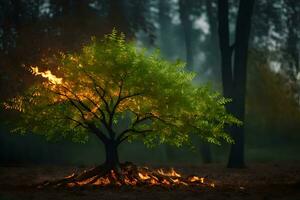 a tree with flames coming out of it in the middle of a forest. AI-Generated photo