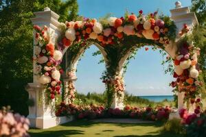 a wedding arch with flowers and greenery. AI-Generated photo