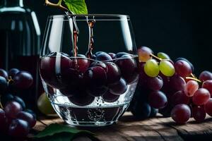uvas en un vaso con un botella de vino. generado por ai foto