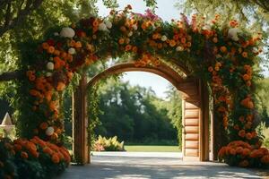 a wedding arch decorated with flowers and pumpkins. AI-Generated photo