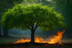 a tree with flames coming out of it in the middle of a forest. AI-Generated photo