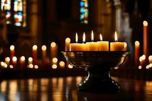 velas en un Iglesia con velas iluminado. generado por ai foto