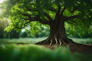a large tree with roots in the grass. AI-Generated photo