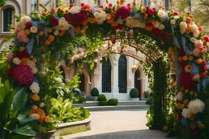 a flower archway in front of a church. AI-Generated photo