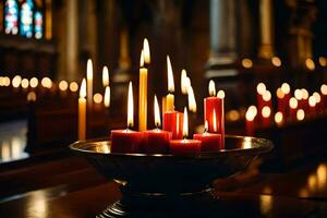 velas son iluminado en un Iglesia con velas en el antecedentes. generado por ai foto