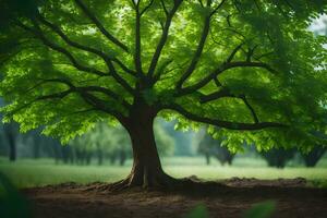 un árbol es mostrado en el medio de un campo. generado por ai foto