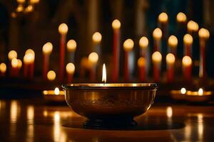 un vela es iluminado en frente de un grande grupo de velas generado por ai foto