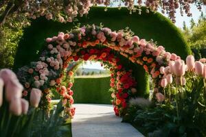 a walkway with flowers and a archway. AI-Generated photo