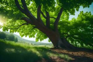 un árbol es en pie en el medio de un campo. generado por ai foto