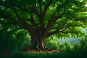 un grande árbol en el medio de un bosque. generado por ai foto